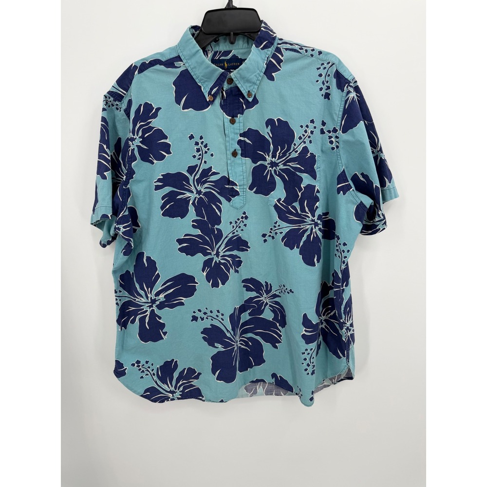 Polo Ralph Lauren Shirt Mens XXL Blue Hibiscus Floral Short Sleeve Popover